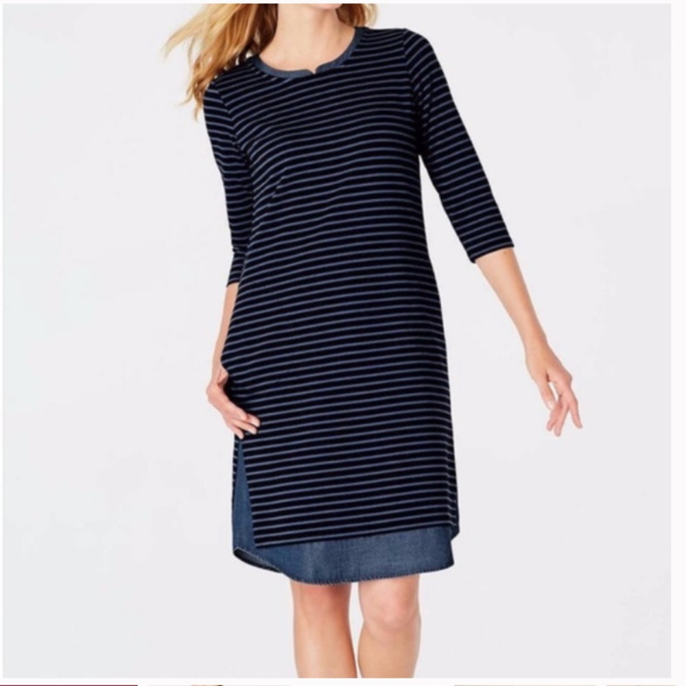 J.Jill Striped Mixed Media Chambray Shirttail Shift Tunic Dress - Picture 1 of 6